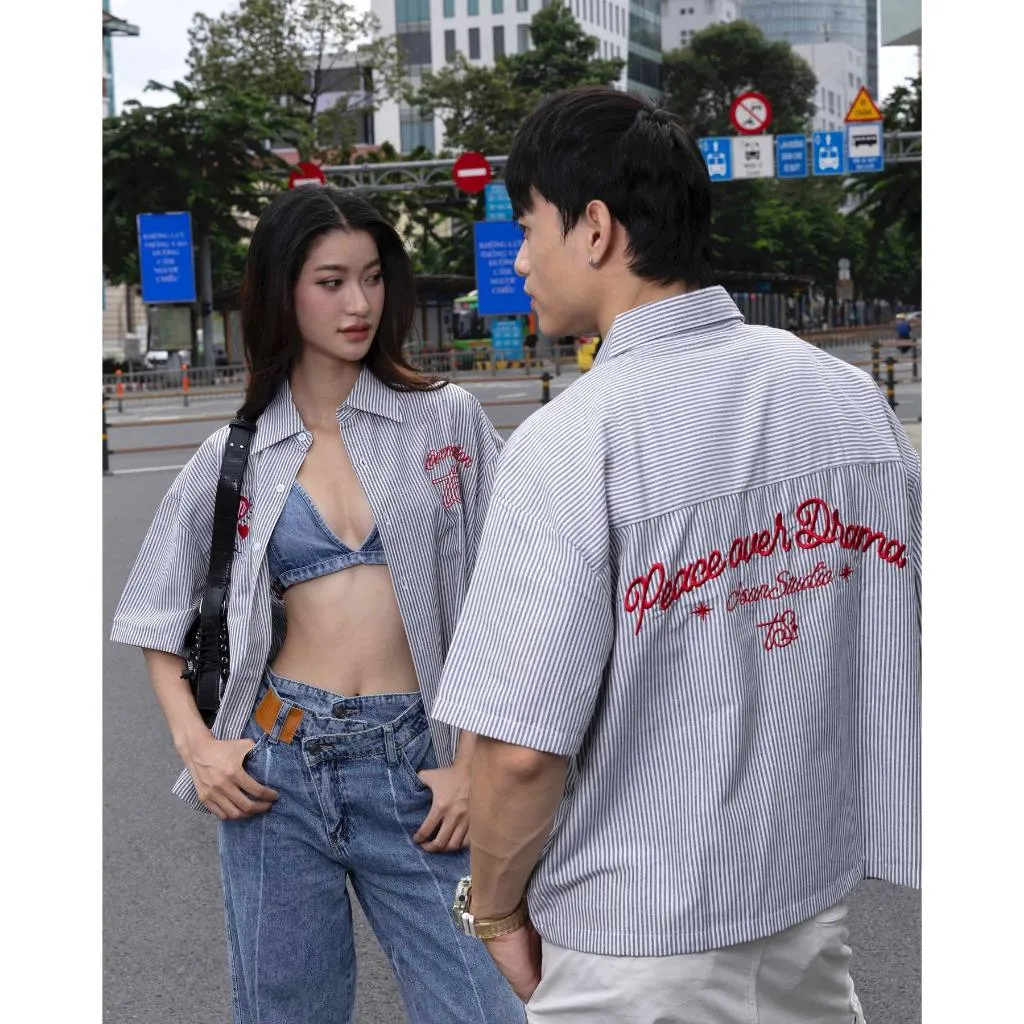 Ảnh Áo Sơ Mi Trái Tim Thêu, Sọc Đen Trắng - Brand TSUN Chính Hãng - Lovemotion Shirt - Uniex, Vải Oxford 4