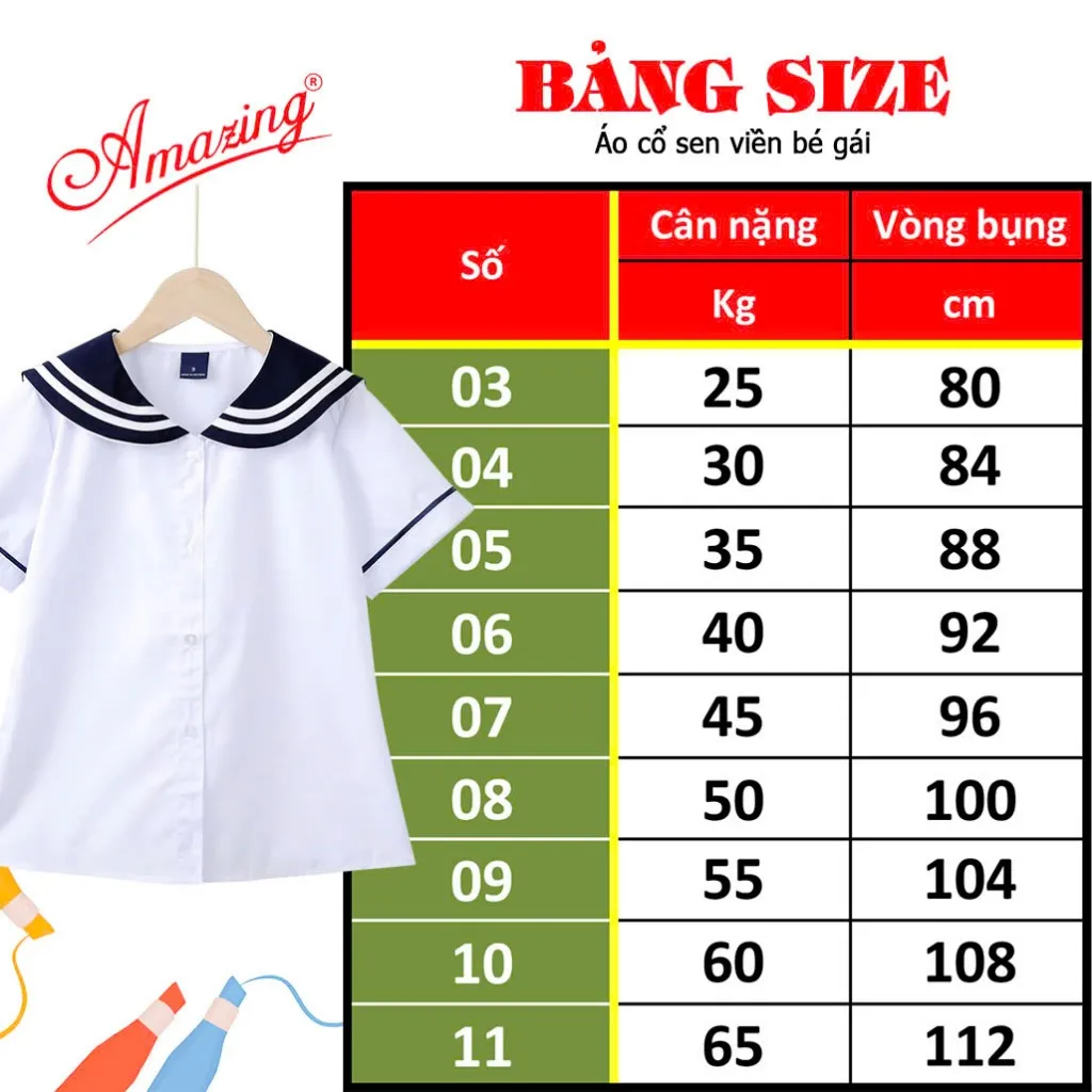 Ảnh Áo sơ mi trắng cổ lá sen viền xanh cao cấp cho bé gái đến trường, big size từ 26kg đến 70kg 2