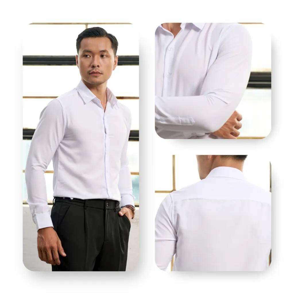 Ảnh Áo sơ mi trắng nam AKUBA tay dài đi làm form slimfit, vải lụa không nhăn, thoáng mát | 01AB2044 3