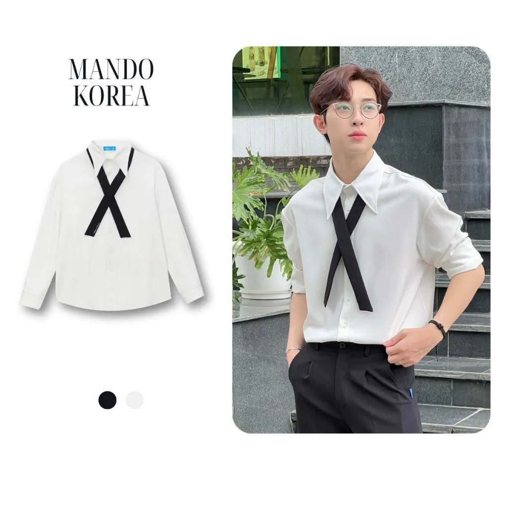 Ảnh Áo Sơ Mi Trắng Tặng Cà Vạt Nam Form Rộng Dài Tay MANDO Cao Cấp Phong Cách Hàn Quốc Thời Trang Nam MANDO - SHT025 2