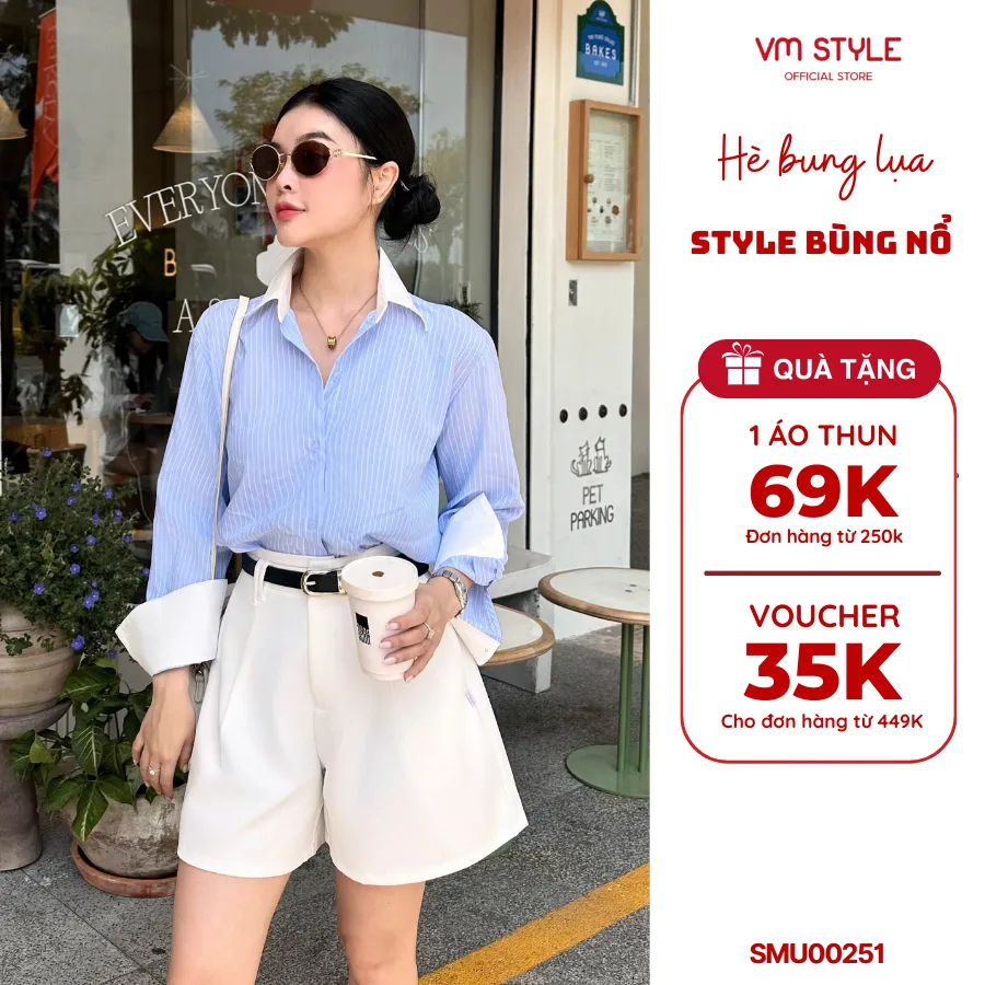 Ảnh Áo Sơ Mi VM STYLE Chất Đũi Hàn Quốc Form Rộng Họa Tiết Sọc Phối Đơn Giản SMU00251 1