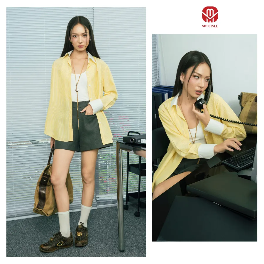 Ảnh Áo Sơ Mi VM STYLE Chất Đũi Hàn Quốc Form Rộng Họa Tiết Sọc Phối Đơn Giản SMU00251 3