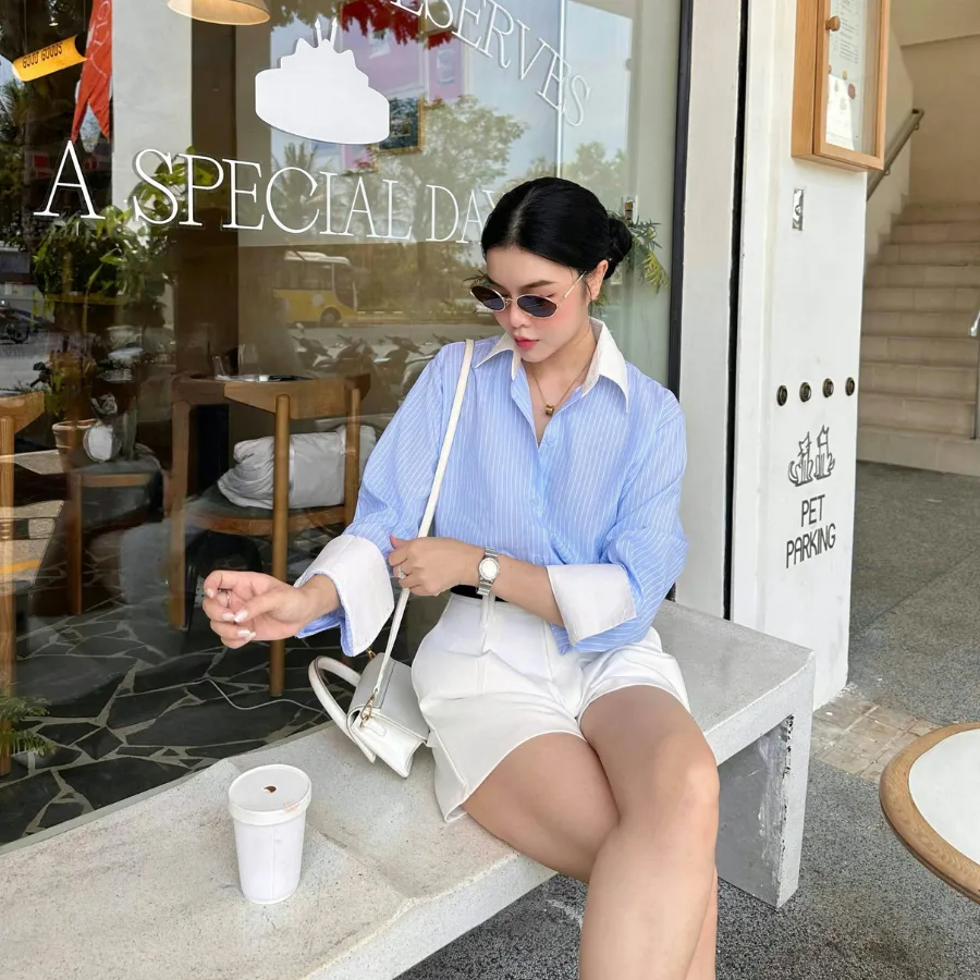 Ảnh Áo Sơ Mi VM STYLE Chất Đũi Hàn Quốc Form Rộng Họa Tiết Sọc Phối Đơn Giản SMU00251 4