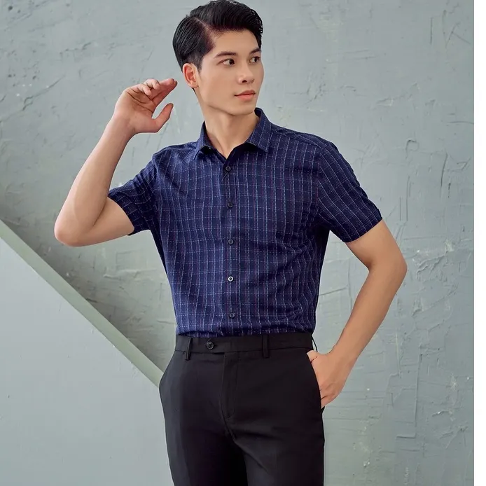 Ảnh Áo sơmi nam ngắn tay kẻ caro thấm hút mồ hôi tốt khô nhanh ít nhăn nhàu DGCs - SASNBB13M 1
