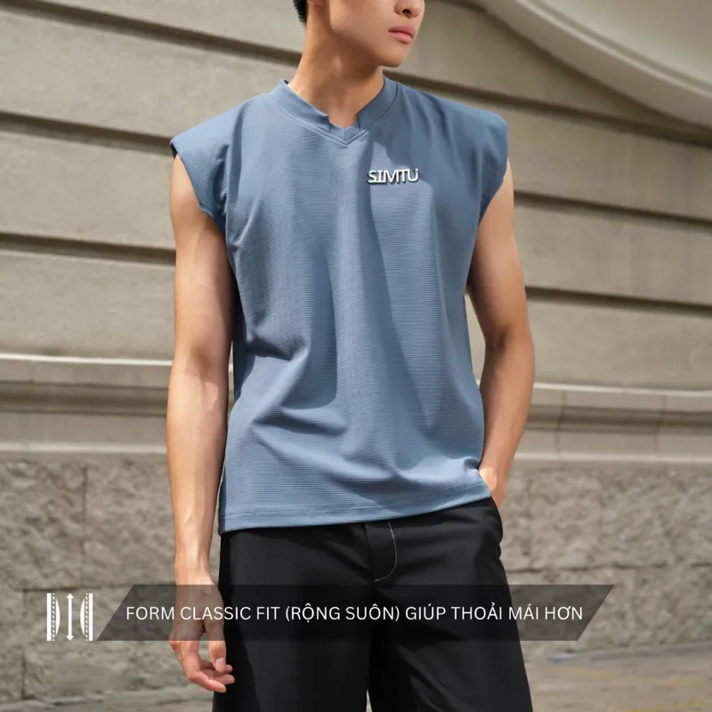 Ảnh Áo tanktop nam màu xanh dương form suông SIMTU vải thun gân co giãn 4 chiều cao cấp, có đệm vai áo | AT003 1