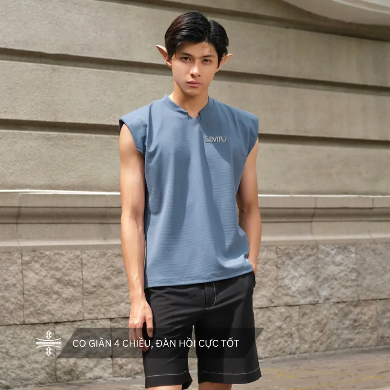 Ảnh Áo tanktop nam màu xanh dương form suông SIMTU vải thun gân co giãn 4 chiều cao cấp, có đệm vai áo | AT003 3