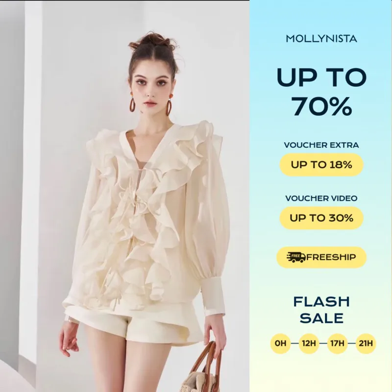 Ảnh Áo thiết kế kem organza tơ bèo tay dài freesize MOLLYNISTA thanh lịch nữ tính cao cấp 1