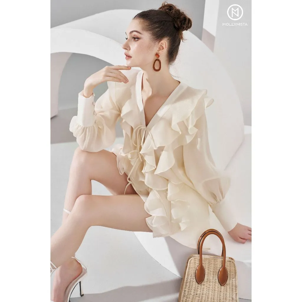 Ảnh Áo thiết kế kem organza tơ bèo tay dài freesize MOLLYNISTA thanh lịch nữ tính cao cấp 2