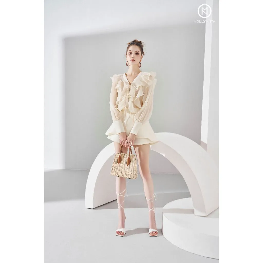 Ảnh Áo thiết kế kem organza tơ bèo tay dài freesize MOLLYNISTA thanh lịch nữ tính cao cấp 4