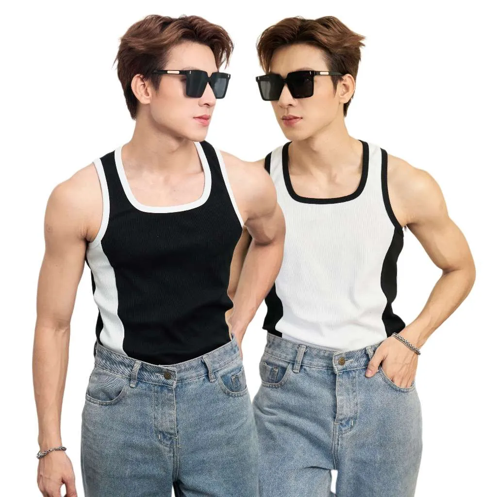 Ảnh Áo Thun Ba Lỗ Tanktop Cổ Vuông Phối Sọc Trắng Đen Form Body Thun Tăm Gân Thương Hiệu Mr Twins 1