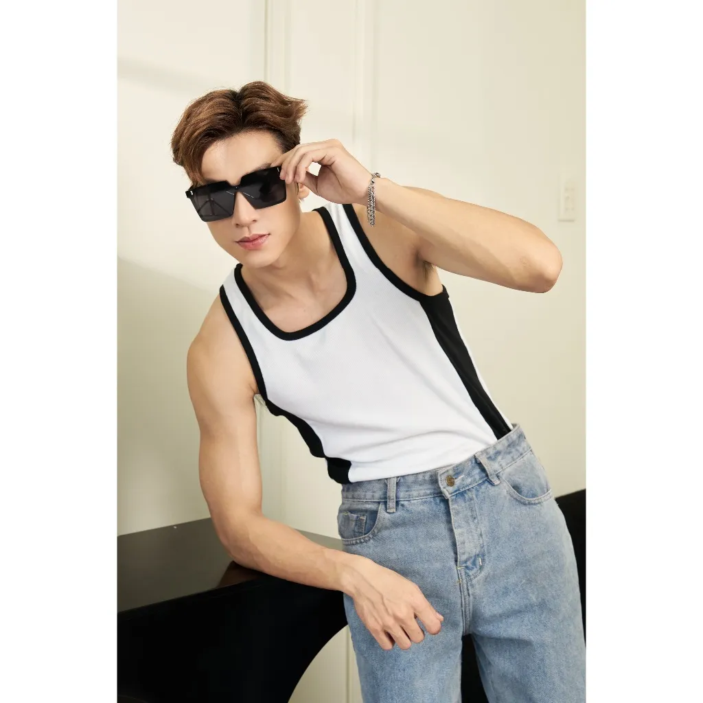 Ảnh Áo Thun Ba Lỗ Tanktop Cổ Vuông Phối Sọc Trắng Đen Form Body Thun Tăm Gân Thương Hiệu Mr Twins 2
