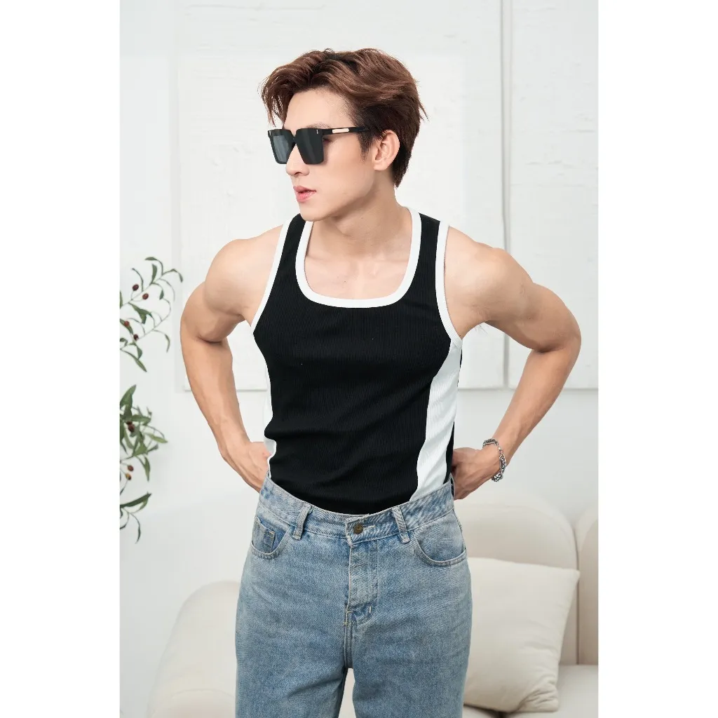 Ảnh Áo Thun Ba Lỗ Tanktop Cổ Vuông Phối Sọc Trắng Đen Form Body Thun Tăm Gân Thương Hiệu Mr Twins 3