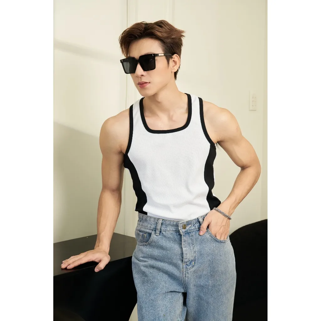 Ảnh Áo Thun Ba Lỗ Tanktop Cổ Vuông Phối Sọc Trắng Đen Form Body Thun Tăm Gân Thương Hiệu Mr Twins 4