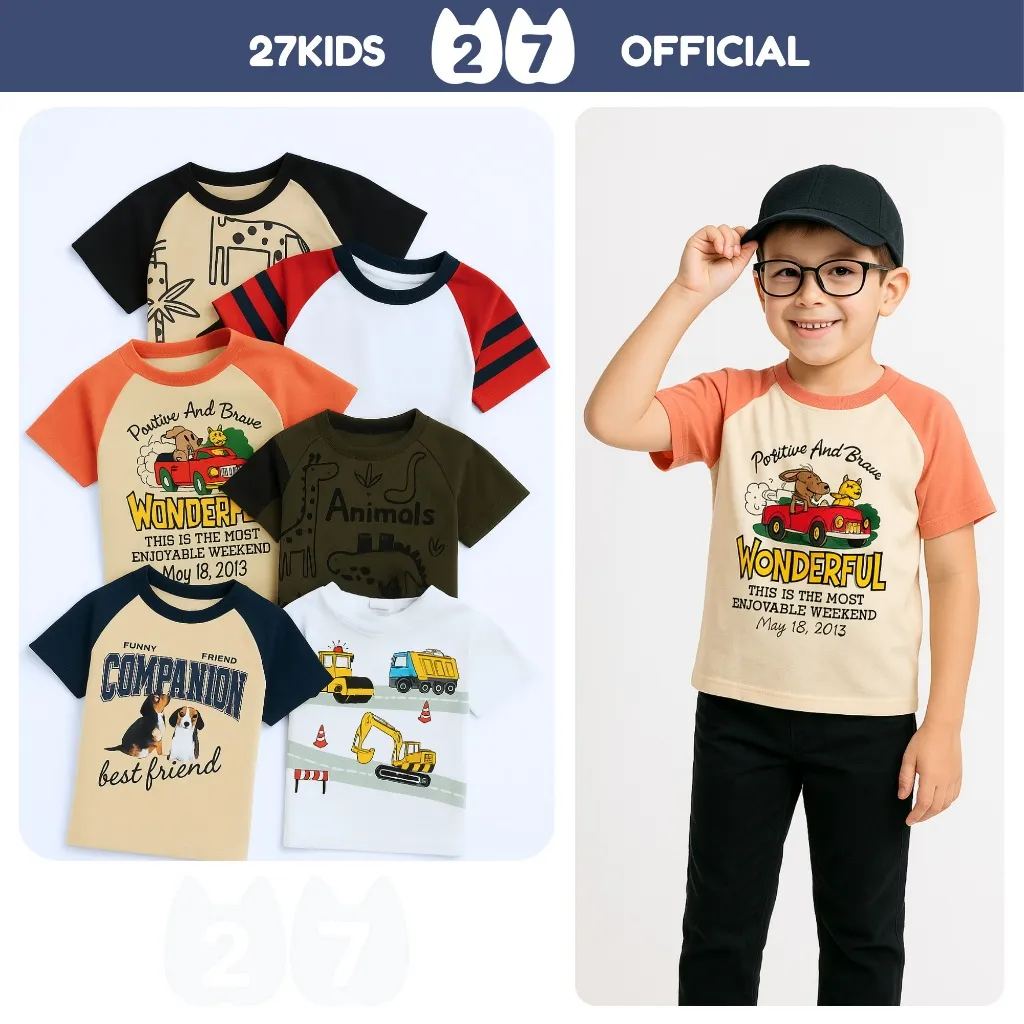 Áo Thun Bé Trai 27Kids Cộc Tay Cotton BSTS2 - Thoáng Mát, An Toàn Cho Bé 2-10 Tuổi