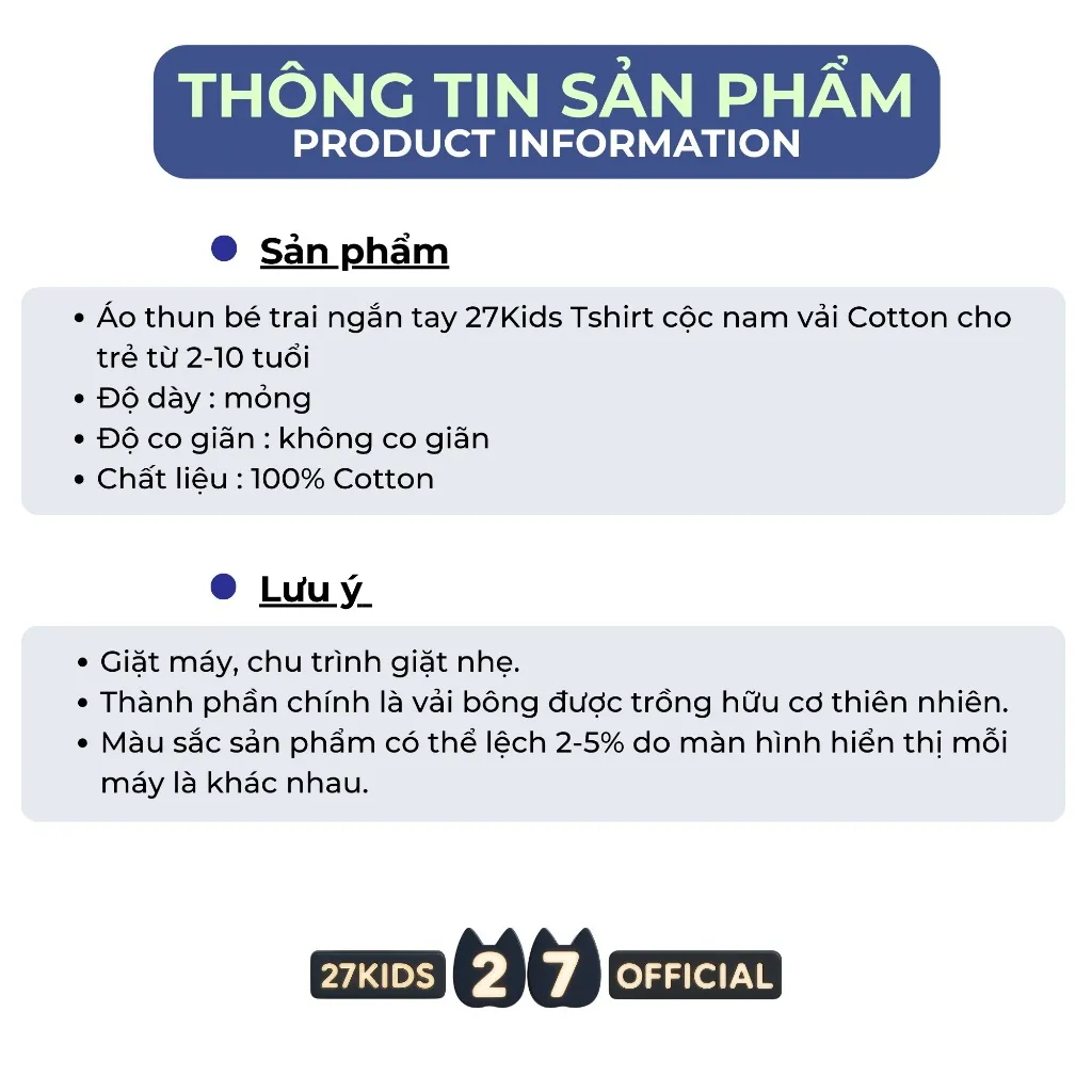 Ảnh Áo thun bé trai ngắn tay 27Kids Tshirt cộc nam vải Cotton cho trẻ từ 2-10 tuổi BSTS2 4