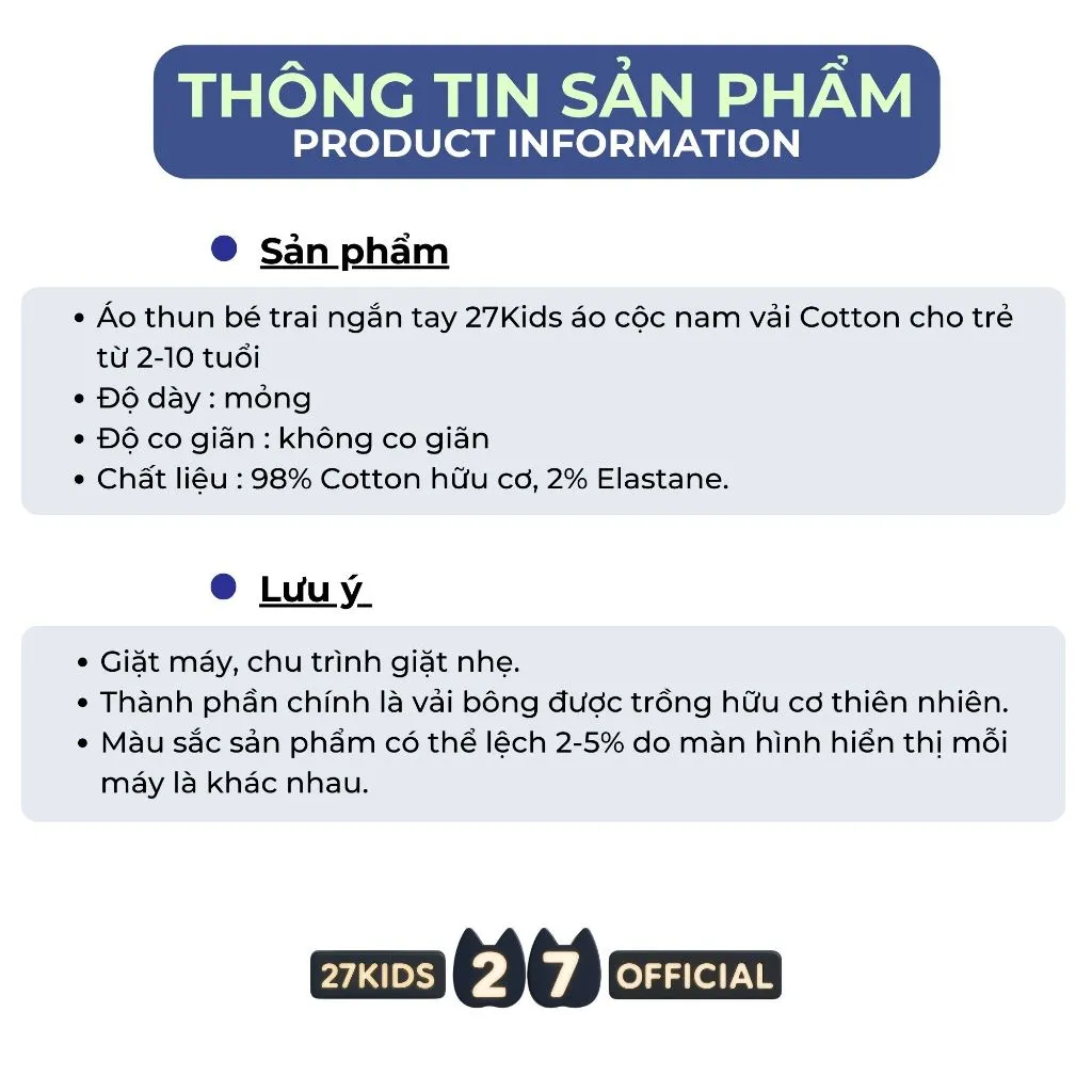 Ảnh Áo thun bé trai ngắn tay 27Kids áo cộc nam vải Cotton cho trẻ từ 2-10 tuổi BSTS8 4