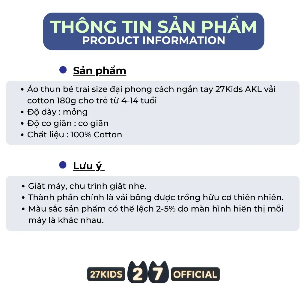 Ảnh Áo thun bé trai size đại phong cách ngắn tay 27Kids AKL vải cotton 180g cho trẻ từ 4-14  tuổi BSTS1 4
