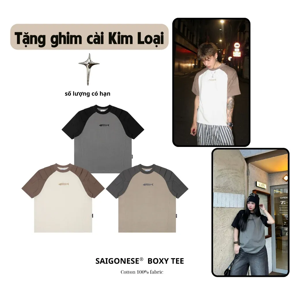 Ảnh Áo Thun Boxy SAIGONESE Unisex Phối Tay Raglan Thêu Shark Form Rộng Thời Trang Nam Nữ 1