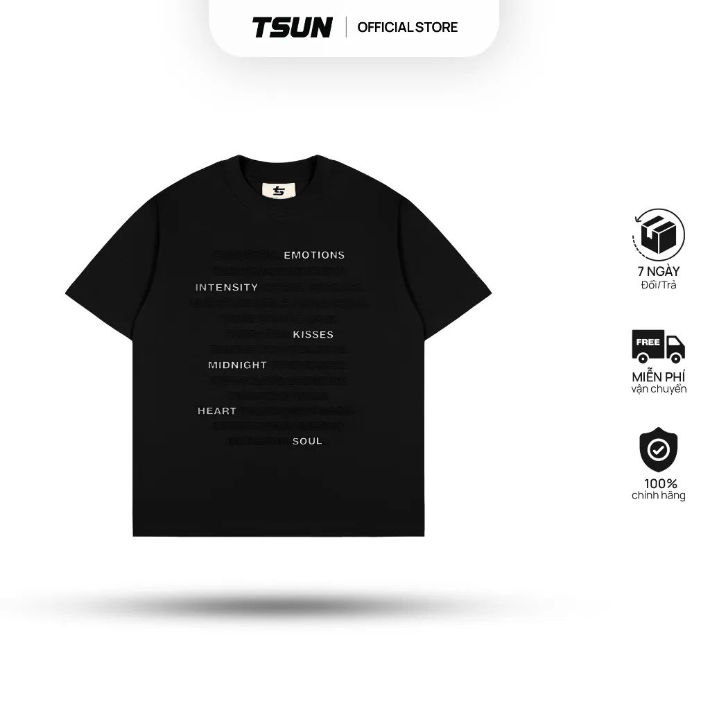 Ảnh Áo Thun Cảm Xúc In Nổi, Phản Quang Màu Đen - Brand TSUN Chính Hãng - Emotions Tee Black - Unisex 1