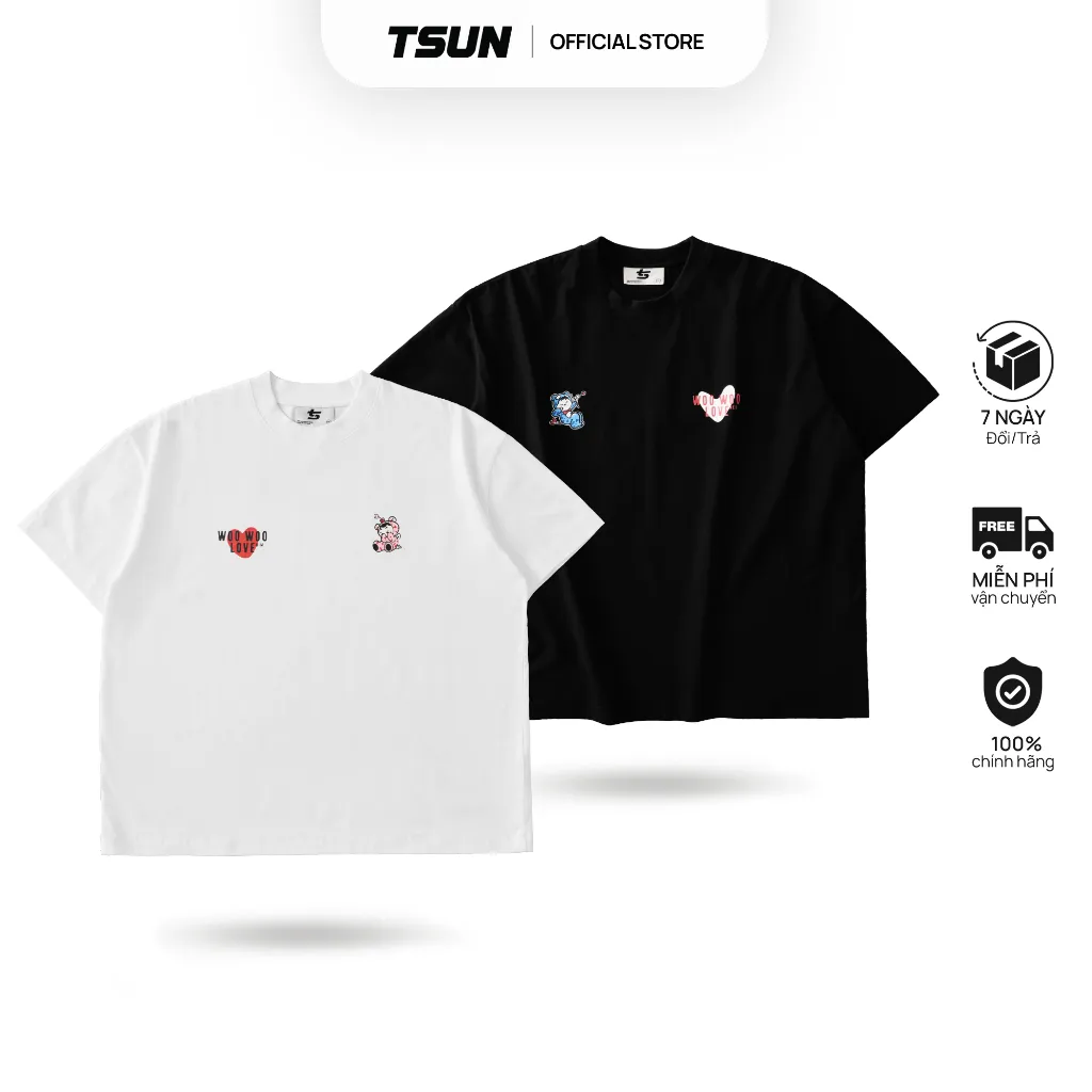 Ảnh Áo Thun Cặp Đôi LoveTeddy Trái Tim Brand TSUN Chính Hãng, Trắng/Đen, Nam/Nữ,  Form Rộng, Oversize, Bigsize, Localbrand 1
