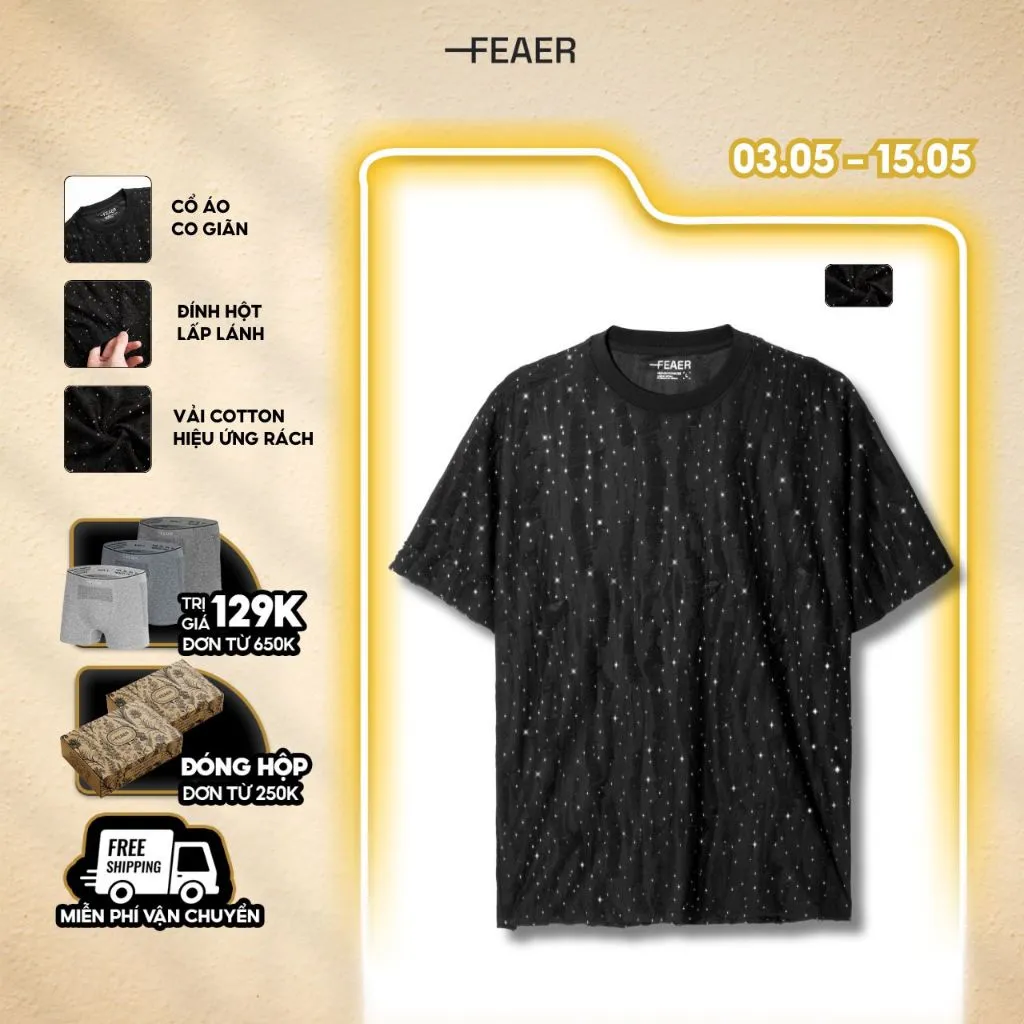 Ảnh Áo thun cổ tròn Bling, vải cotton hiệu ứng rách độc đáo, thấm hút tốt, co giãn nhẹ, đính hột lấp lánh, cá tính - FEAER 1