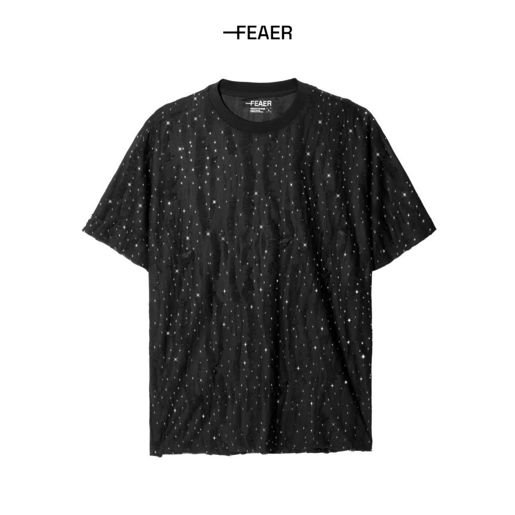 Ảnh Áo thun cổ tròn Bling, vải cotton hiệu ứng rách độc đáo, thấm hút tốt, co giãn nhẹ, đính hột lấp lánh, cá tính - FEAER 2