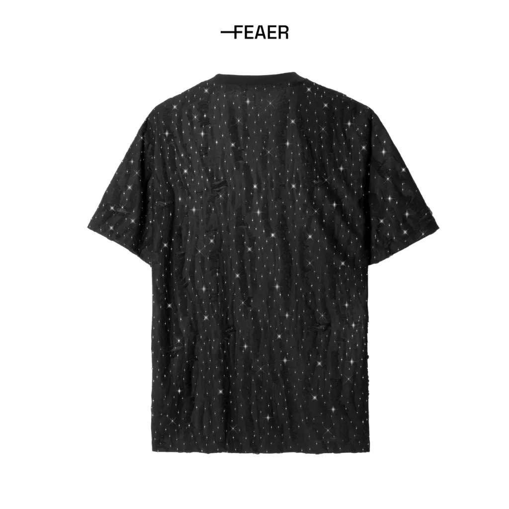 Ảnh Áo thun cổ tròn Bling, vải cotton hiệu ứng rách độc đáo, thấm hút tốt, co giãn nhẹ, đính hột lấp lánh, cá tính - FEAER 3