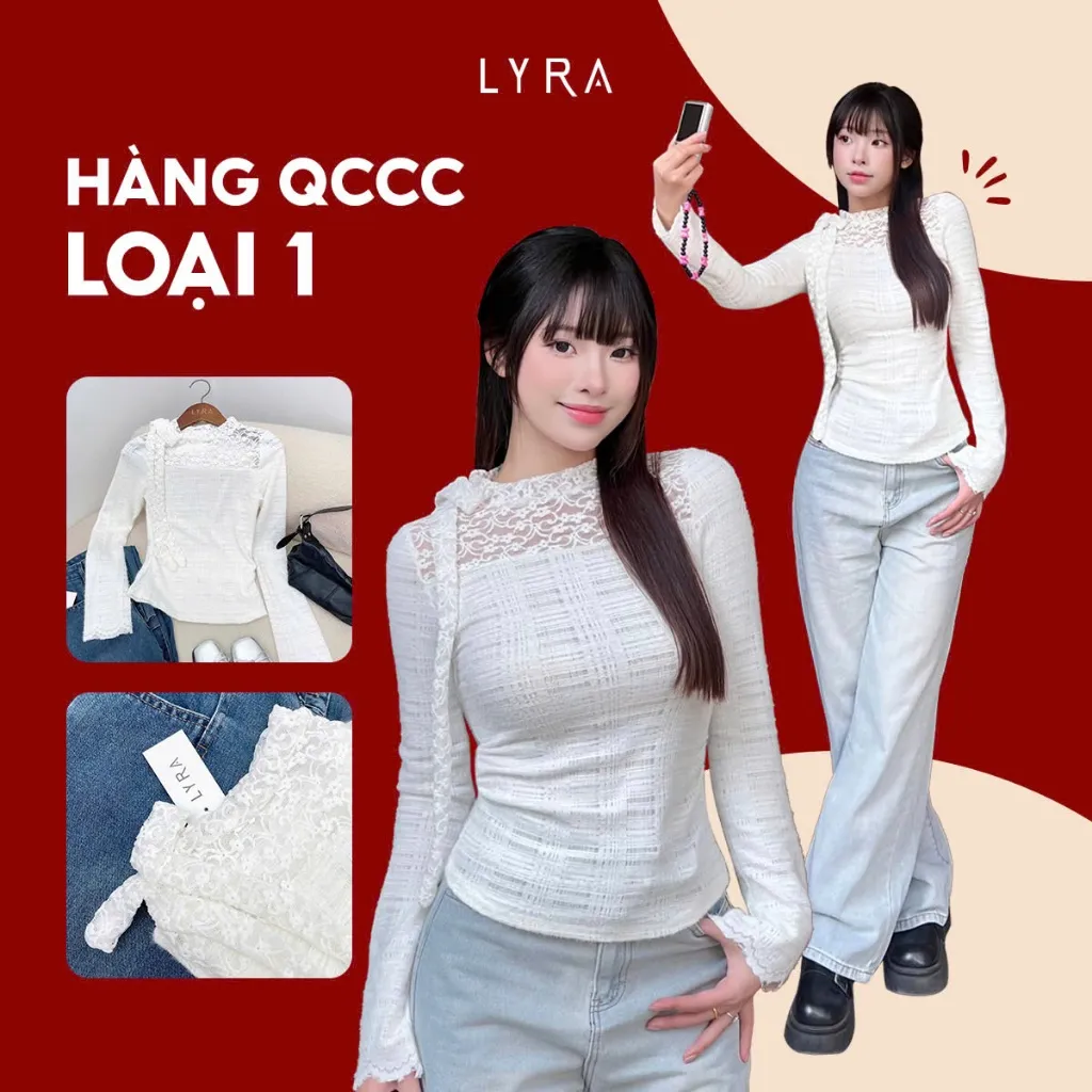 Ảnh Áo thun dài tay LYRA, áo thun dáng ôm body cổ tròn cách điệu phối ren buộc nơ cổ nữ tính - LWNAO020 1