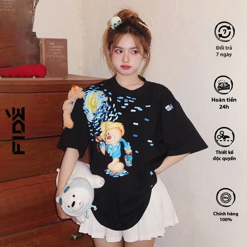 Ảnh Áo thun FIDE TEEDY phông cotton unisex nam nữ form rộng cổ tròn áo đính gấu - AT35(TẶNG KÈM GẤU) 3