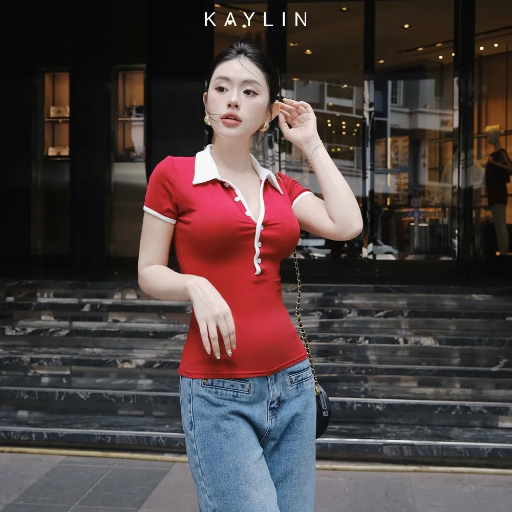 Ảnh Áo thun KAYLIN Polo form ôm phối sọc chất vài thun co giản phong cách công sở thanh lịch - N2308 2