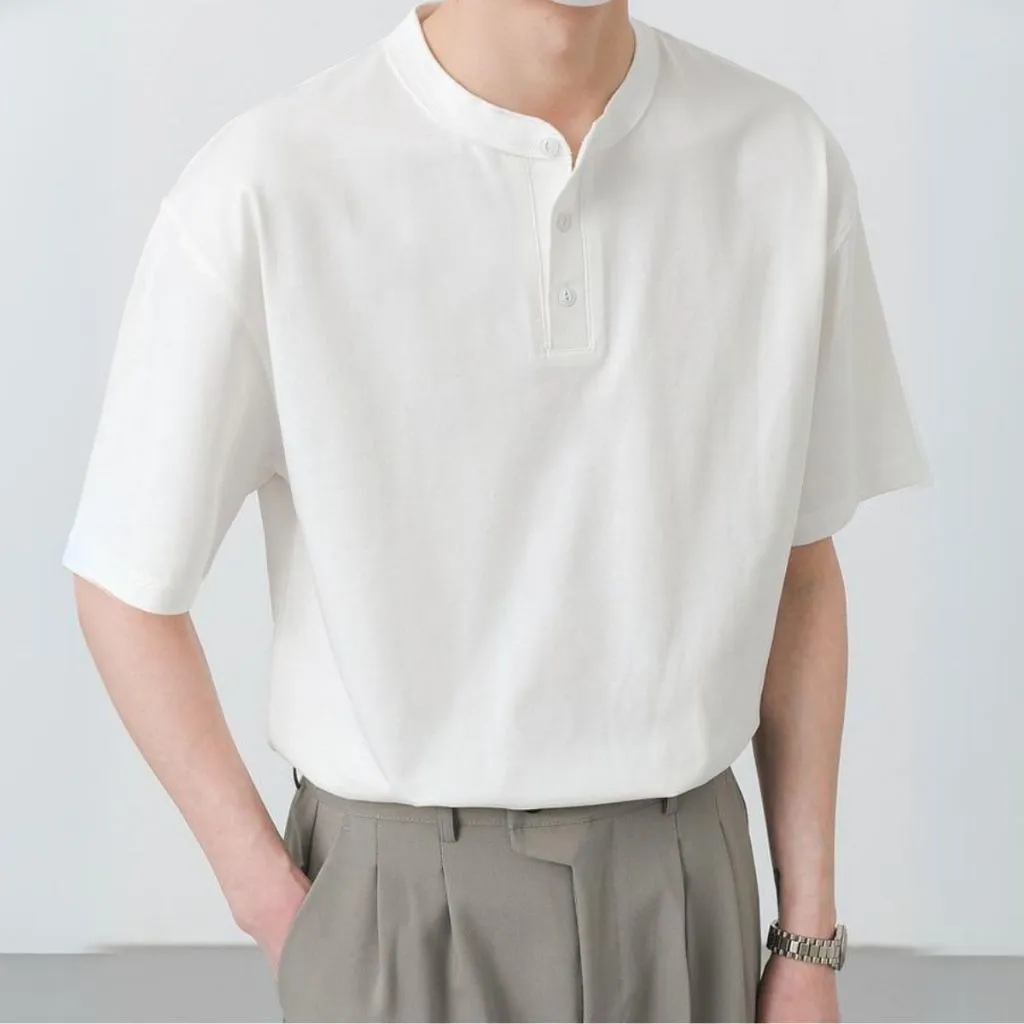 Ảnh Áo Thun Kẻ Cổ Tàu MANDO Chất Liệu Vải Cotton Thoáng Mát Thiết Kế Basic Phong Cách Hàn Quốc TEE002 1