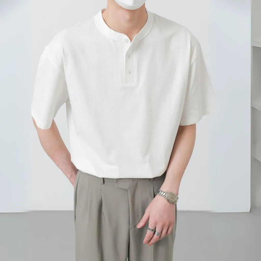 Ảnh Áo Thun Kẻ Cổ Tàu MANDO Chất Liệu Vải Cotton Thoáng Mát Thiết Kế Basic Phong Cách Hàn Quốc TEE002 2