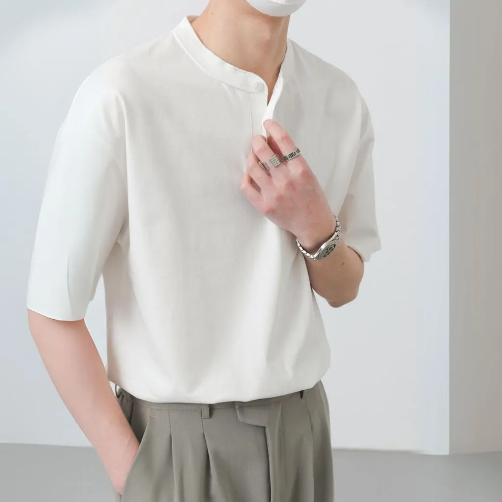 Ảnh Áo Thun Kẻ Cổ Tàu MANDO Chất Liệu Vải Cotton Thoáng Mát Thiết Kế Basic Phong Cách Hàn Quốc TEE002 3