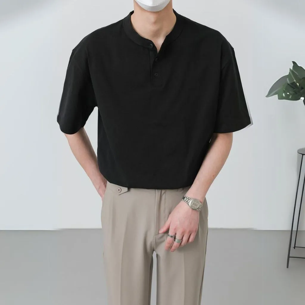 Ảnh Áo Thun Kẻ Cổ Tàu MANDO Chất Liệu Vải Cotton Thoáng Mát Thiết Kế Basic Phong Cách Hàn Quốc TEE002 4