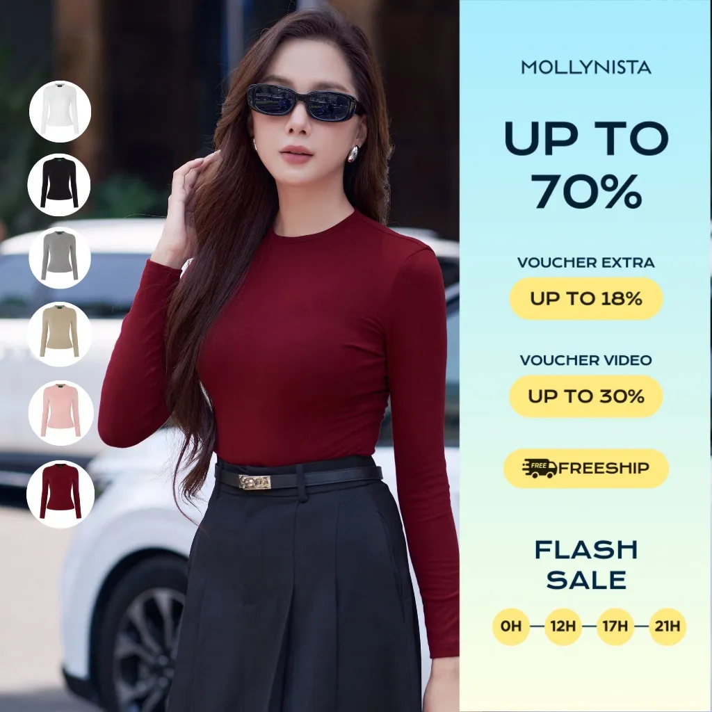 Ảnh Áo thun MOLLYNISTA tay dài cổ tròn form basic chất vải thun cao cấp mềm dày dặn thoáng mát tôn dáng 1