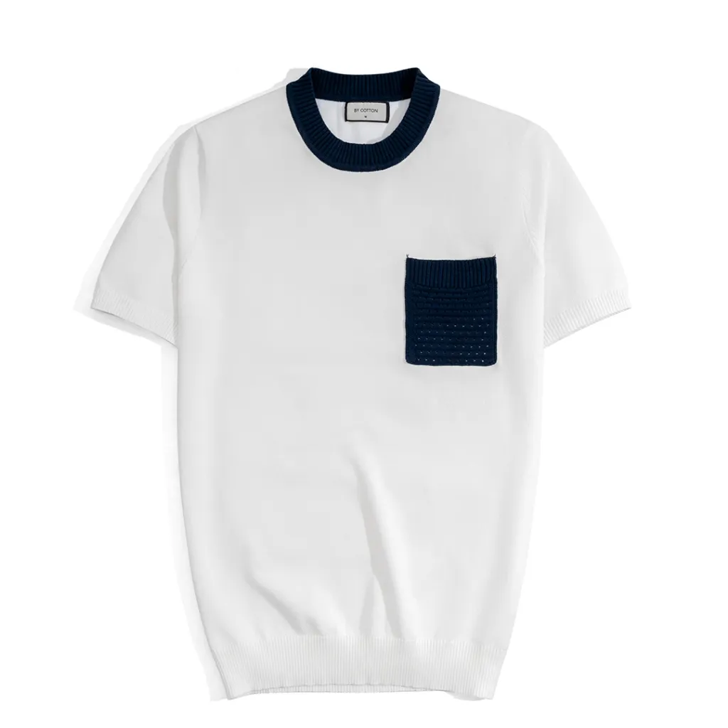 Ảnh Áo Thun Nam By Cotton Cao Cấp Dệt Kim Cổ Tròn - Trắng Phối Túi Xanh Đen 1