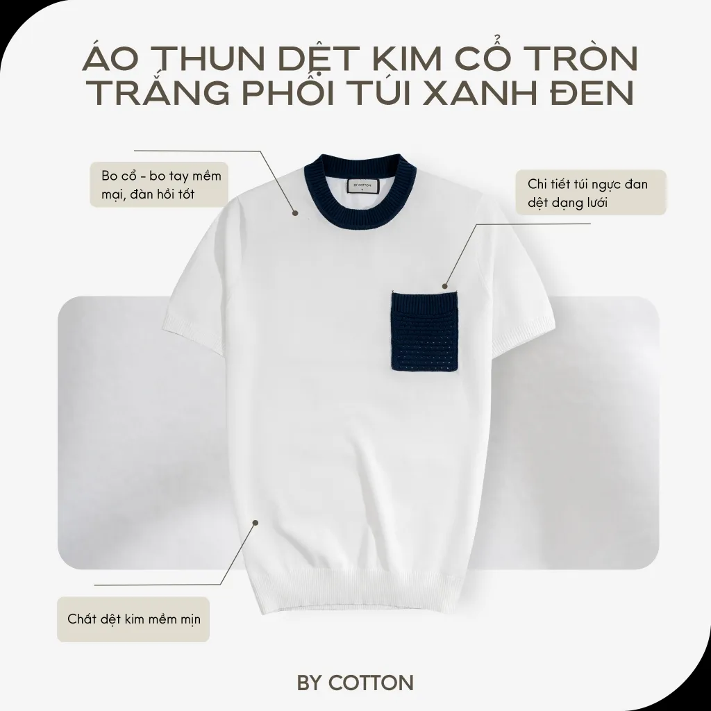 Ảnh Áo Thun Nam By Cotton Cao Cấp Dệt Kim Cổ Tròn - Trắng Phối Túi Xanh Đen 2