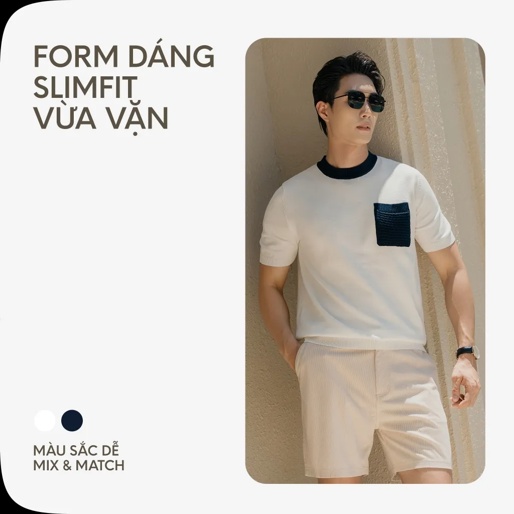 Ảnh Áo Thun Nam By Cotton Cao Cấp Dệt Kim Cổ Tròn - Trắng Phối Túi Xanh Đen 4