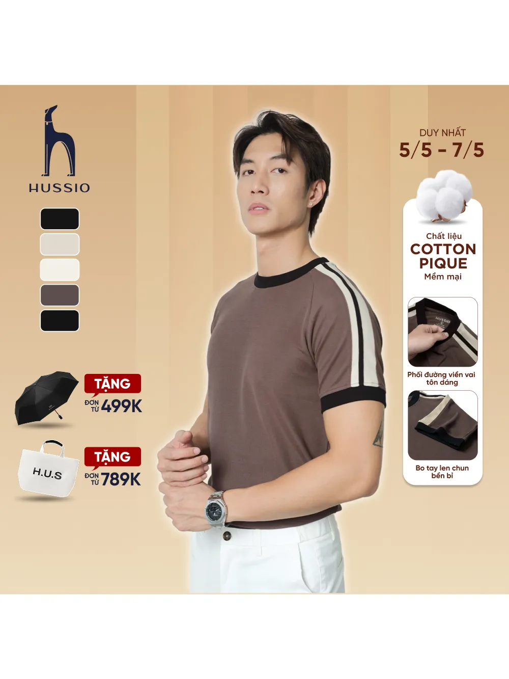 Ảnh Áo thun nam cổ tròn AUSTIN vải Cotton Pique dày dặn, trẻ trung, năng động - HUSSIO 1
