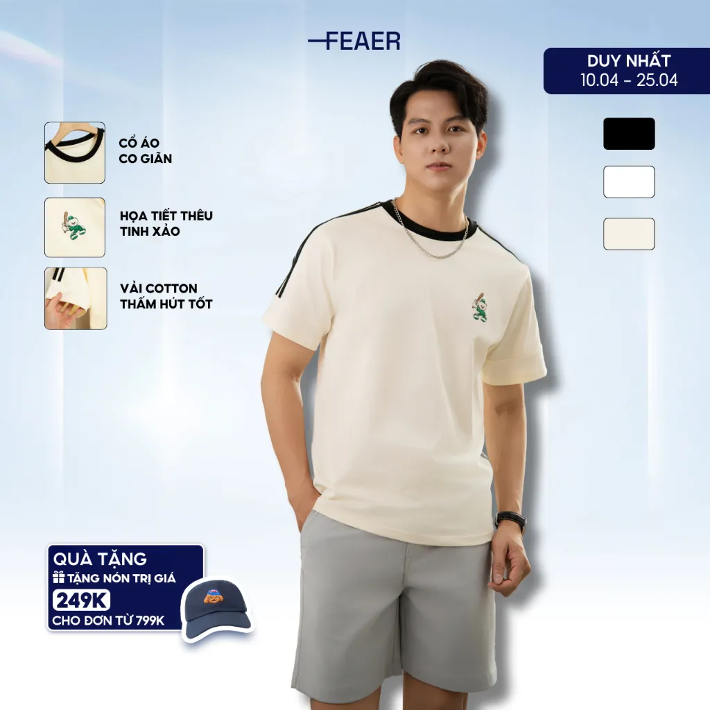 Ảnh Áo thun nam cổ tròn Batsman, tay ngắn, vải cotton thoáng mát, thấm hút tốt, logo thêu, phối sọc tay 1