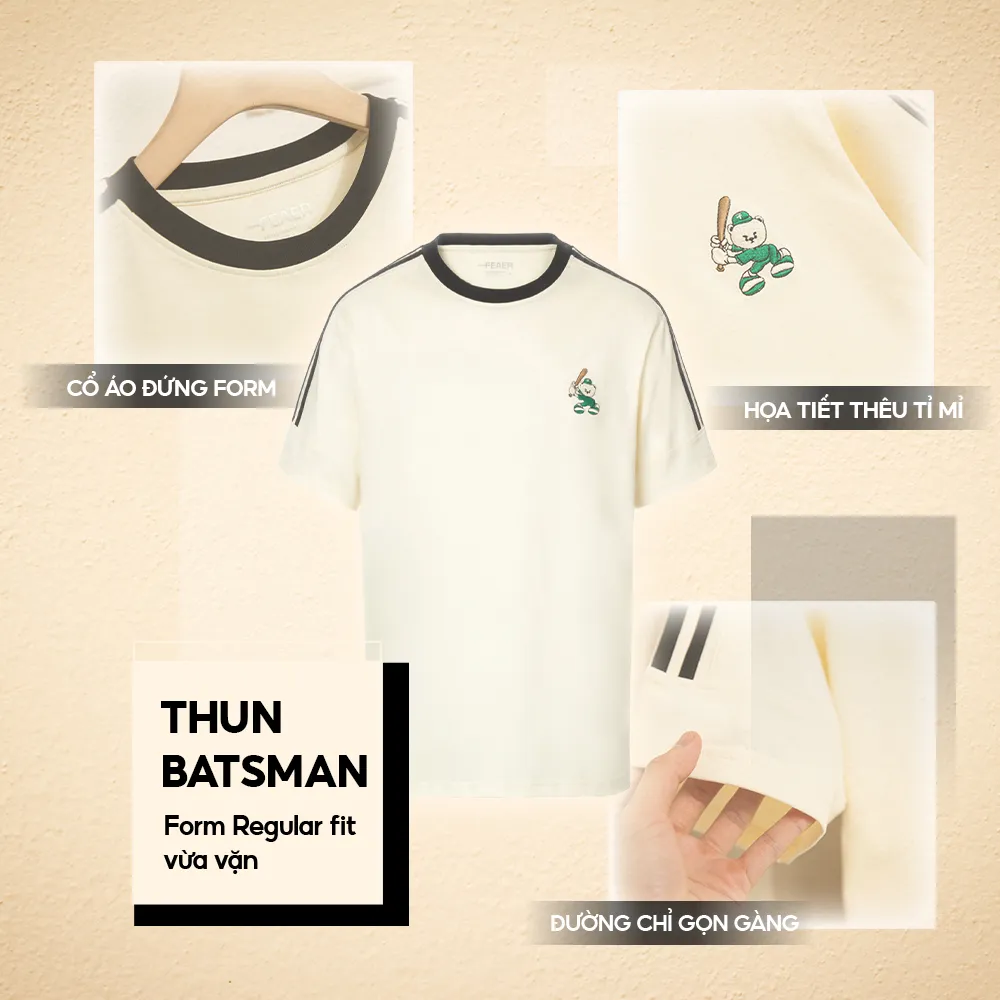 Ảnh Áo thun nam cổ tròn Batsman, tay ngắn, vải cotton thoáng mát, thấm hút tốt, logo thêu, phối sọc tay 3