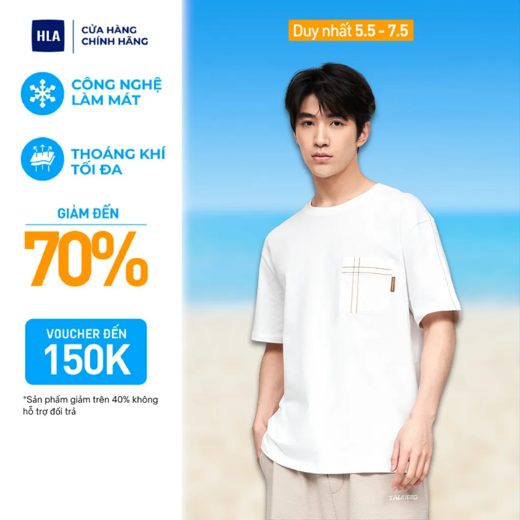 Ảnh Áo thun nam HLA tay ngắn phối túi kẻ, chất liệu 100% cotton thấm hút mồ hôi màu trắng/xám/đen 1