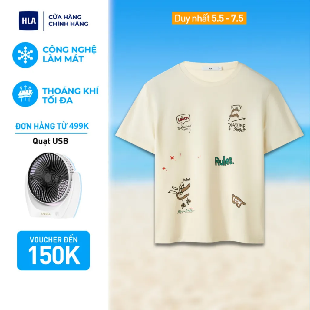 Ảnh Áo thun nam nữ unisex HLA tay ngắn màu kem hoạ tiết hoạt hình chất liệu thoáng mát, co giãn tốt 1