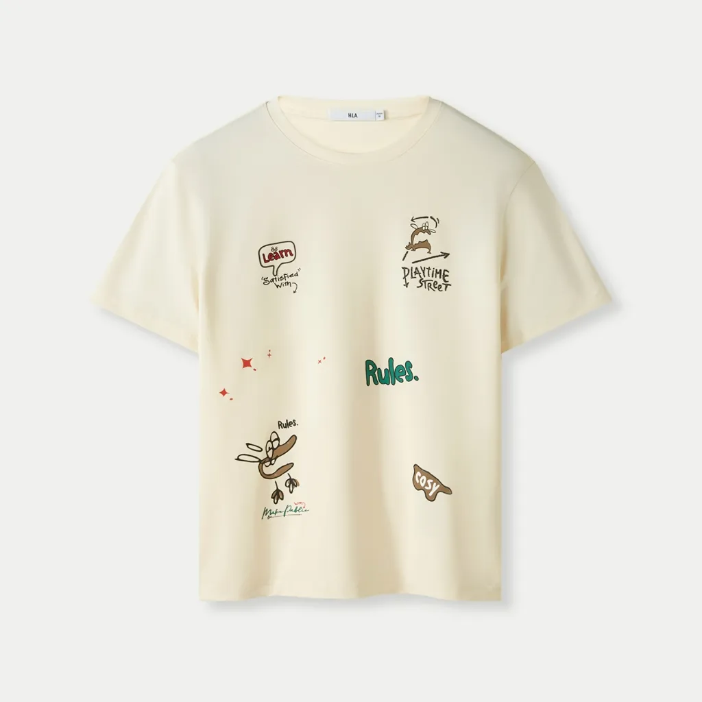 Ảnh Áo thun nam nữ unisex HLA tay ngắn màu kem hoạ tiết hoạt hình chất liệu thoáng mát, co giãn tốt 2