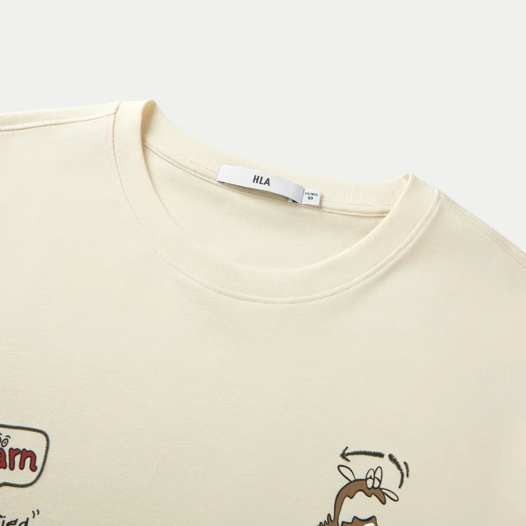 Ảnh Áo thun nam nữ unisex HLA tay ngắn màu kem hoạ tiết hoạt hình chất liệu thoáng mát, co giãn tốt 4