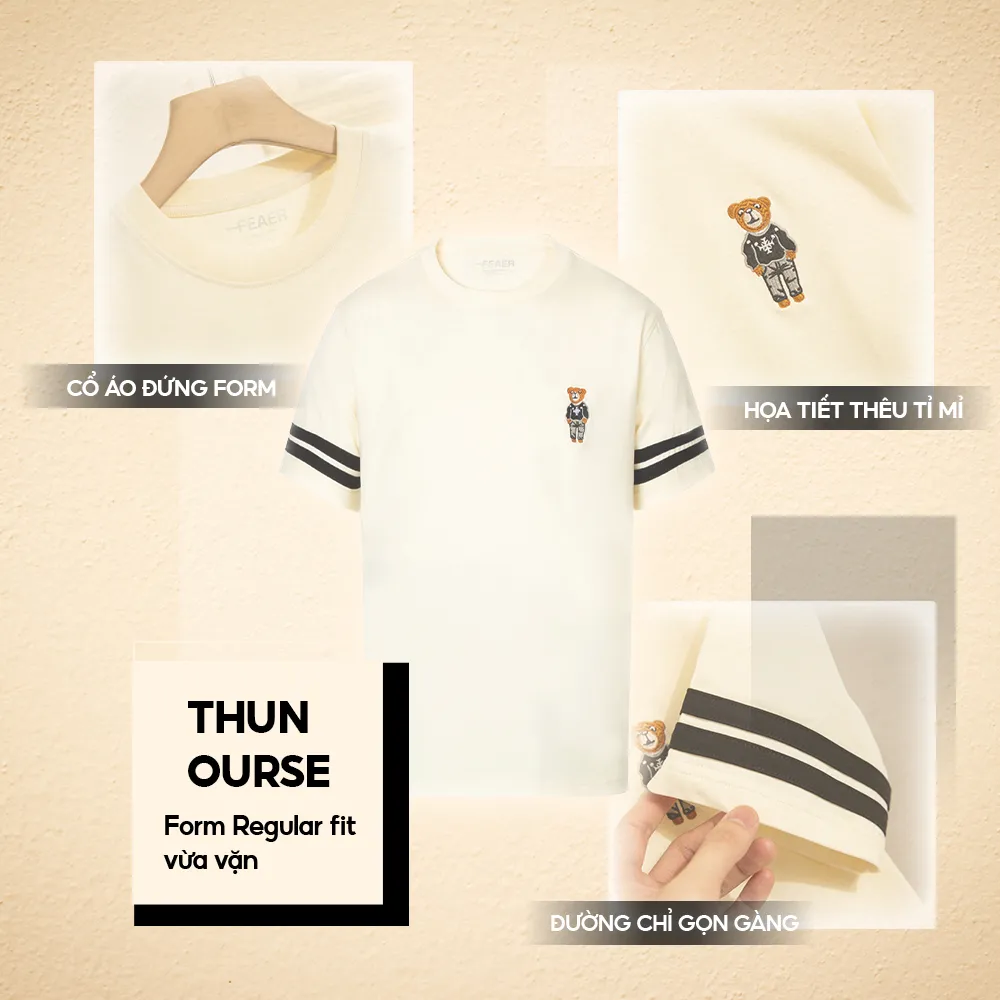Ảnh Áo thun nam Ourse cổ tròn, chất vải cotton thoáng mát, dáng regular, logo thêu gấu, tay phối sọc-FEAER 2