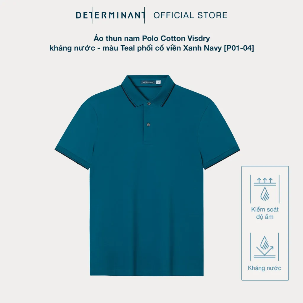 Ảnh Áo thun nam Polo Cotton Visdry kháng nước thương hiệu Determinant - màu Teal phối cổ viền Xanh Navy [P01-04] 3