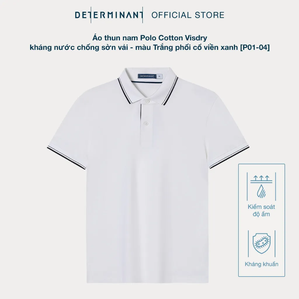 Ảnh Áo thun nam polo DETERMINANT - Cotton cao cấp Visdry kháng nước thấm hút tối đa - P01-04 - màu trắng phối cổ viền xanh 3