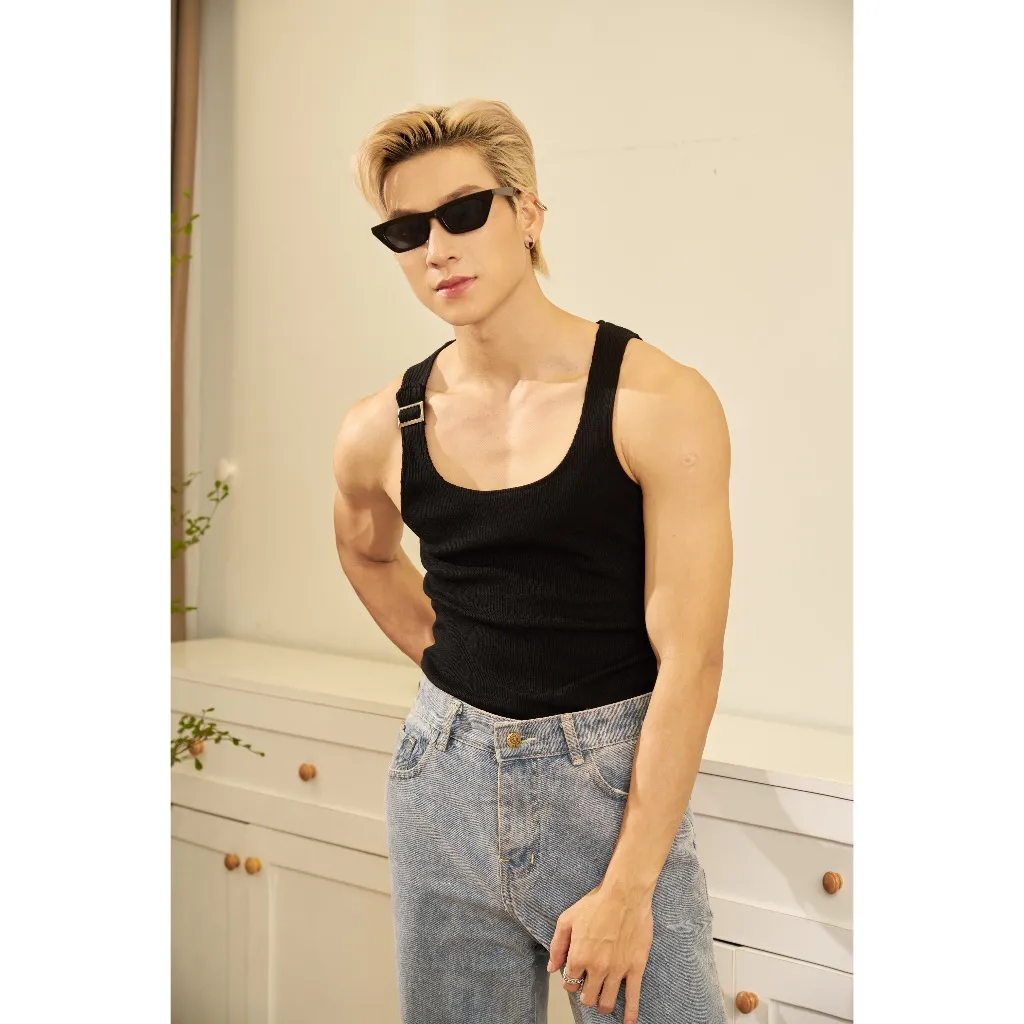 Ảnh Áo Thun Nam TankTop Ba Lỗ Cổ Vuông Dây Khoen Một Bên Form Body Thun Gân Cao Cấp Thương Hiệu Mr Twins 1