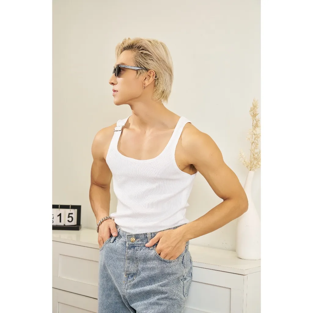 Ảnh Áo Thun Nam TankTop Ba Lỗ Cổ Vuông Dây Khoen Một Bên Form Body Thun Gân Cao Cấp Thương Hiệu Mr Twins 3